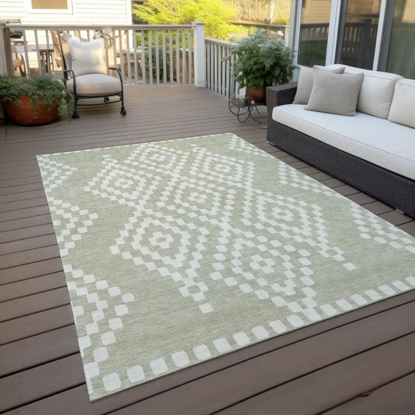 Artichoke Green And Ivory Geometric Washable Indoor Outdoor Area Rug Photo 9