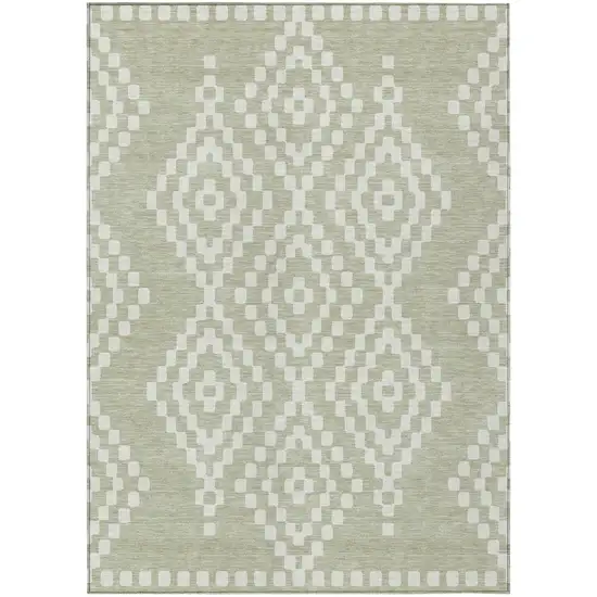 Artichoke Green And Ivory Geometric Washable Indoor Outdoor Area Rug Photo 2