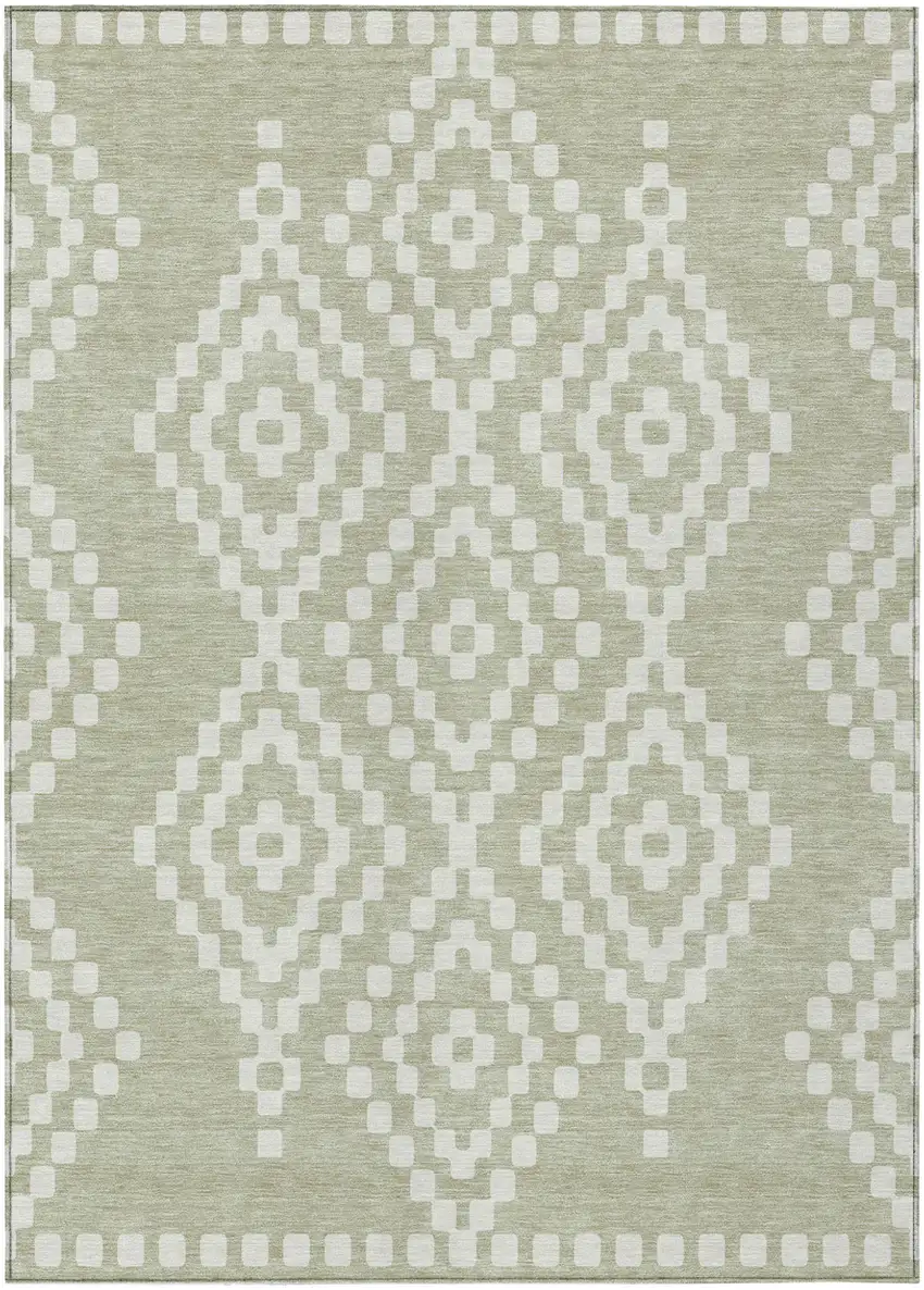 Artichoke Green And Ivory Geometric Washable Indoor Outdoor Area Rug Photo 2