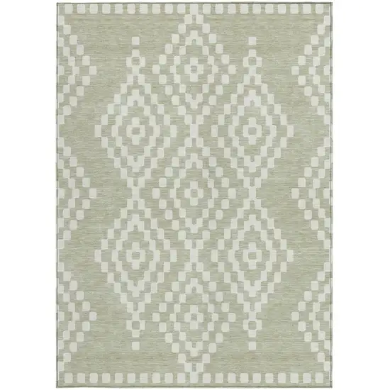 Artichoke Green And Ivory Geometric Washable Indoor Outdoor Area Rug Photo 8