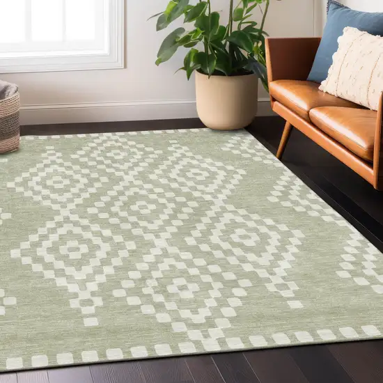 Artichoke Green And Ivory Geometric Washable Indoor Outdoor Area Rug Photo 9