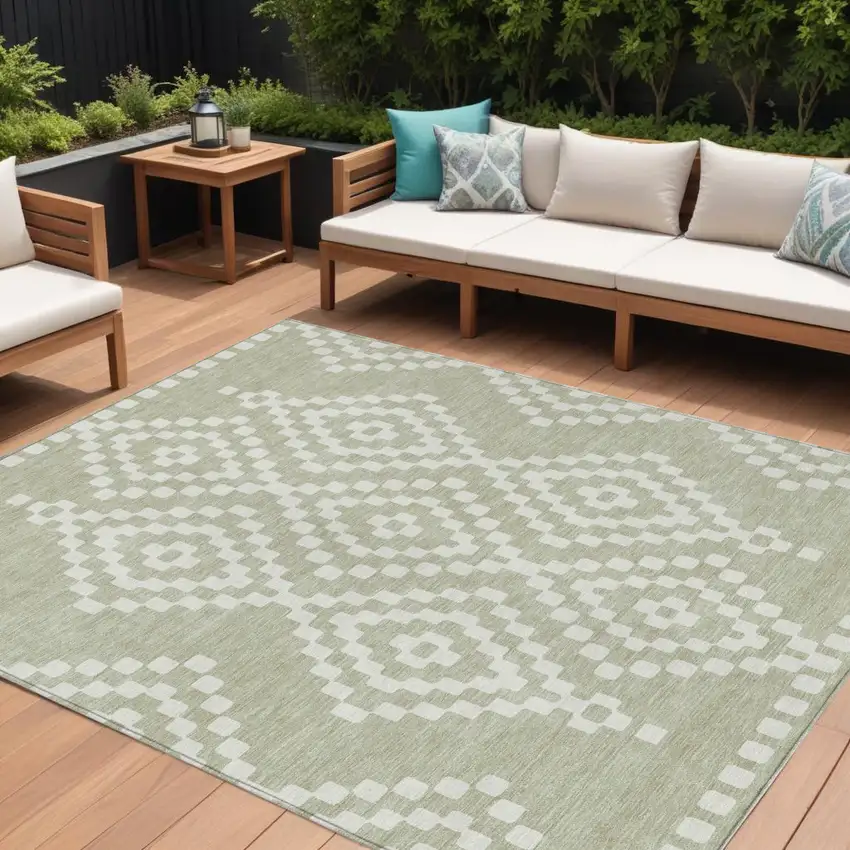 Artichoke Green And Ivory Geometric Washable Indoor Outdoor Area Rug Photo 1