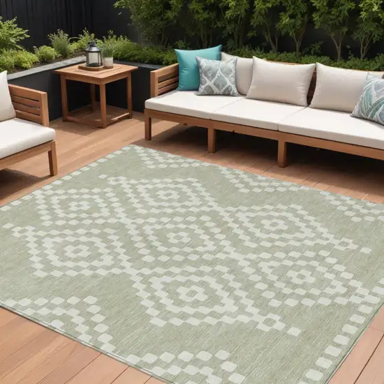 Artichoke Green And Ivory Geometric Washable Indoor Outdoor Area Rug Photo 1