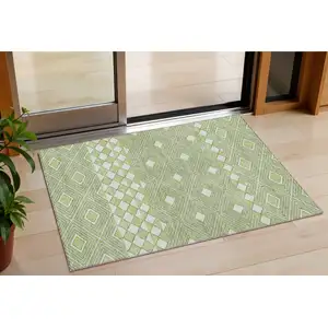 Photo of Artichoke Green And Ivory Geometric Washable Indoor Outdoor Area Rug