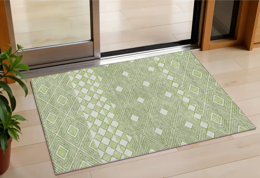 Artichoke Green And Ivory Geometric Washable Indoor Outdoor Area Rug Photo 1