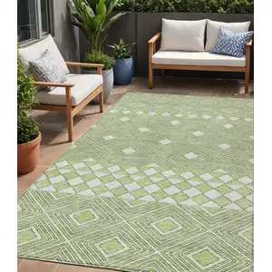 Photo of Artichoke Green And Ivory Geometric Washable Indoor Outdoor Area Rug