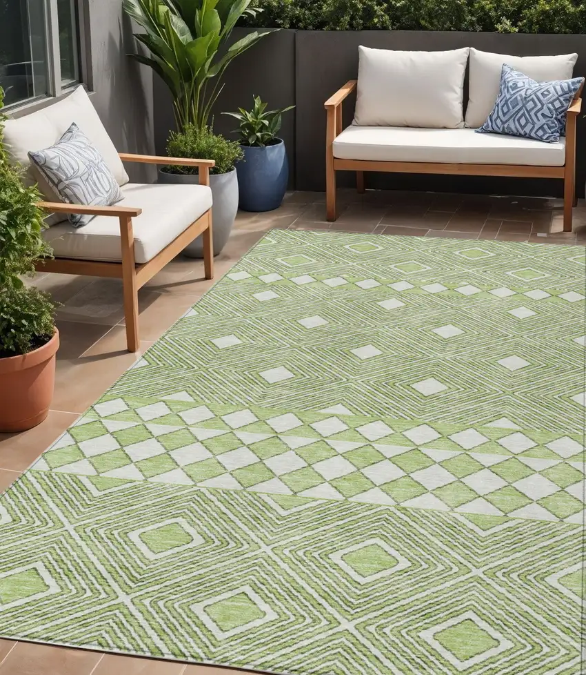 Artichoke Green And Ivory Geometric Washable Indoor Outdoor Area Rug Photo 1
