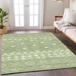 Photo of Artichoke Green And Ivory Geometric Washable Indoor Outdoor Area Rug