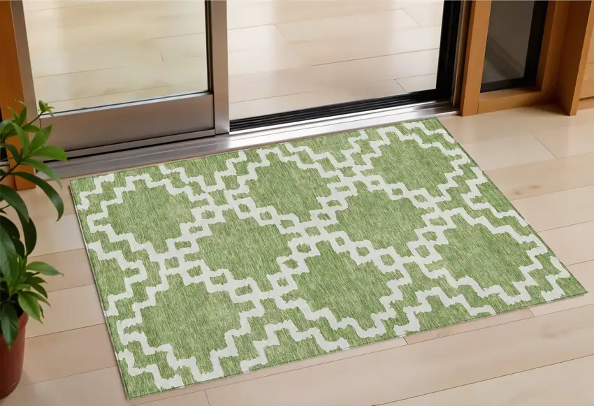 Artichoke Green And Ivory Geometric Washable Indoor Outdoor Area Rug Photo 1