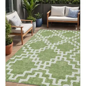 Photo of Artichoke Green And Ivory Geometric Washable Indoor Outdoor Area Rug