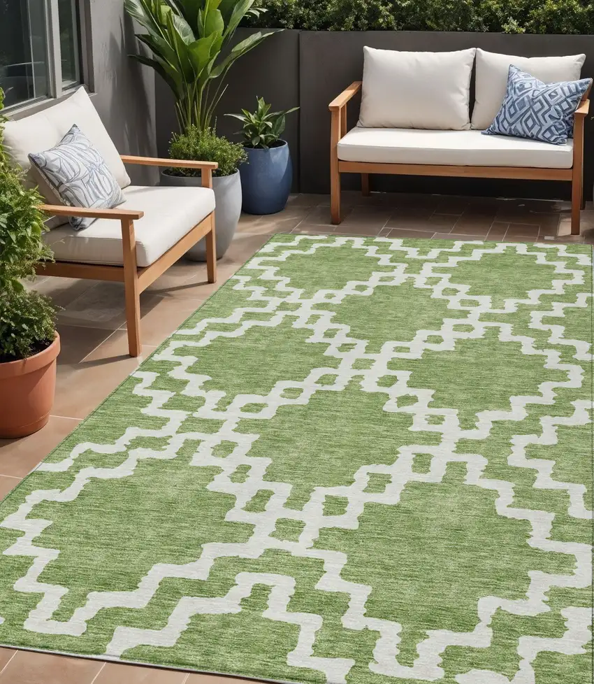 Artichoke Green And Ivory Geometric Washable Indoor Outdoor Area Rug Photo 1