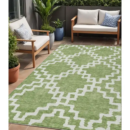 Artichoke Green And Ivory Geometric Washable Indoor Outdoor Area Rug Photo 1