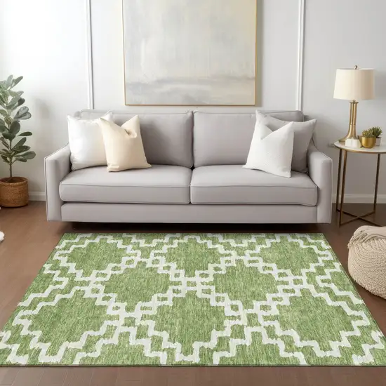 Artichoke Green And Ivory Geometric Washable Indoor Outdoor Area Rug Photo 9