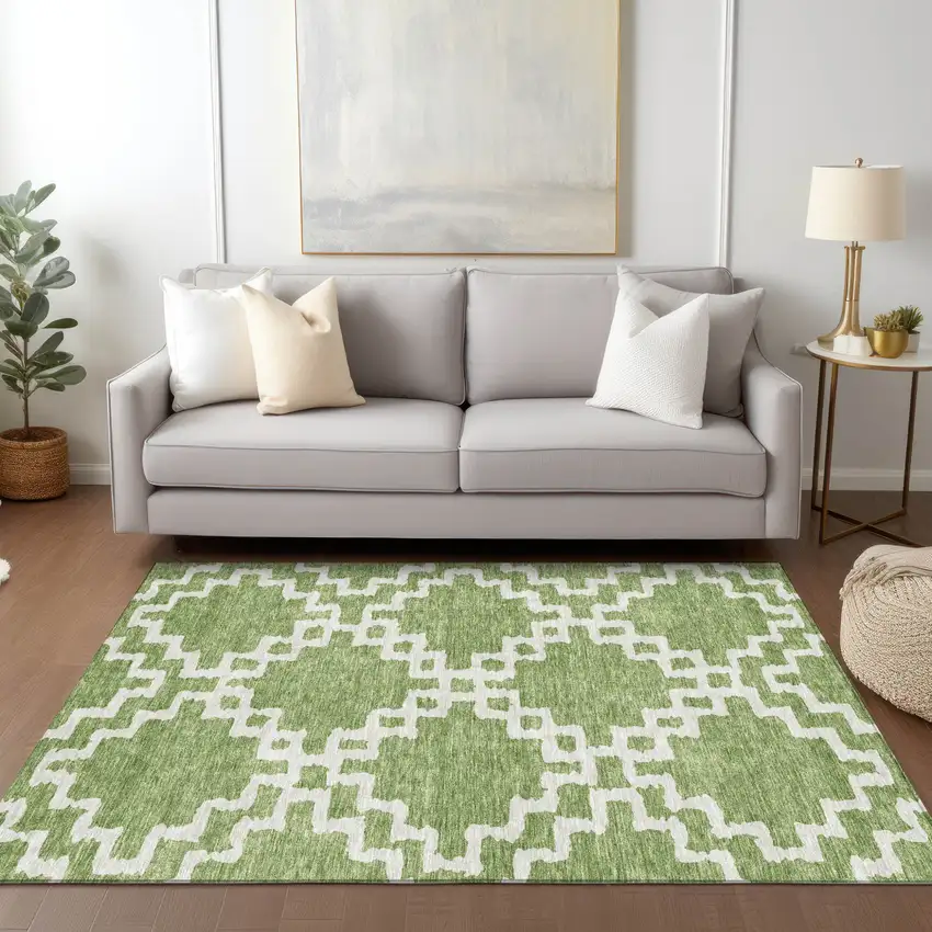 Artichoke Green And Ivory Geometric Washable Indoor Outdoor Area Rug Photo 9
