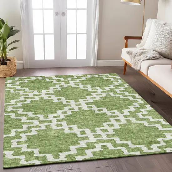 Artichoke Green And Ivory Geometric Washable Indoor Outdoor Area Rug Photo 8