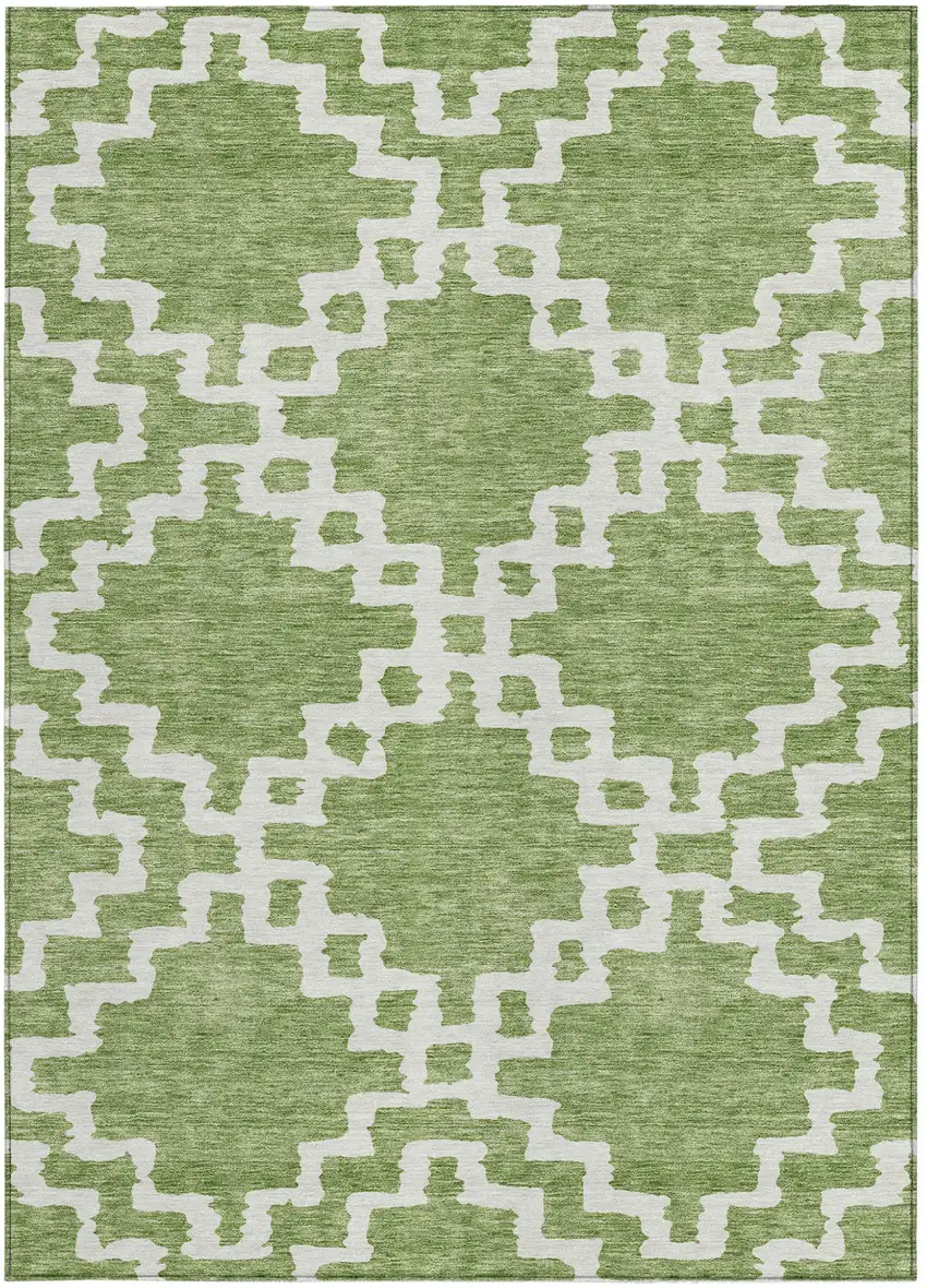 Artichoke Green And Ivory Geometric Washable Indoor Outdoor Area Rug Photo 7