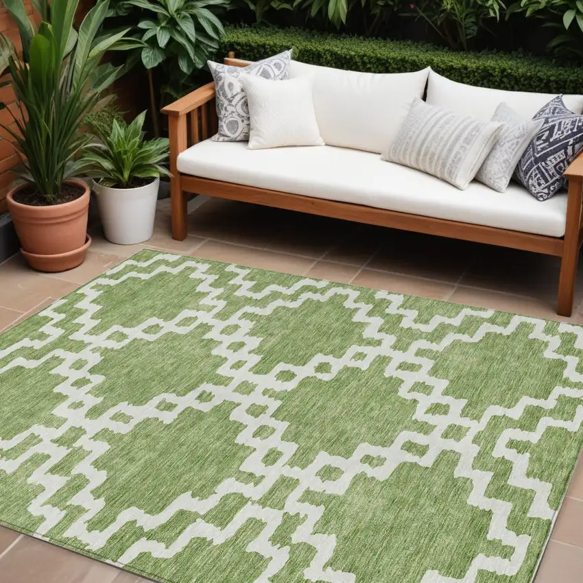 Artichoke Green And Ivory Geometric Washable Indoor Outdoor Area Rug Photo 1