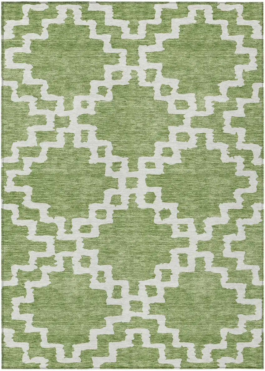 Artichoke Green And Ivory Geometric Washable Indoor Outdoor Area Rug Photo 2