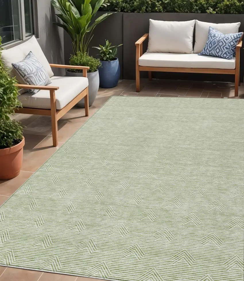 Artichoke Green And Ivory Geometric Washable Indoor Outdoor Area Rug Photo 1