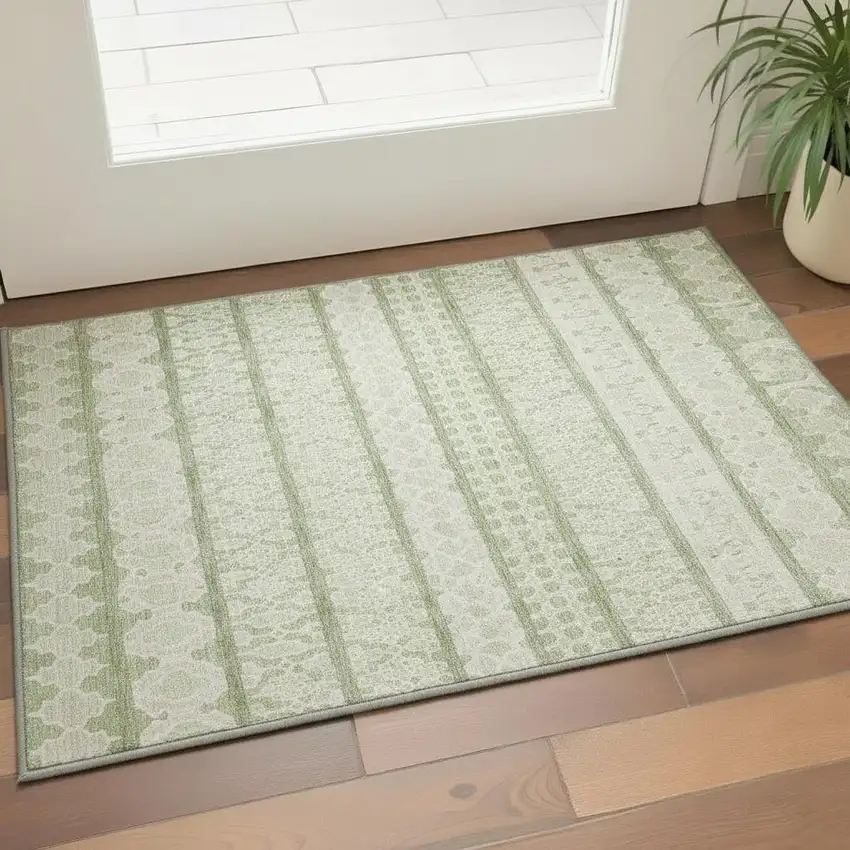 Artichoke Green And Ivory Ikat Washable Area Rug With UV Protection Photo 2
