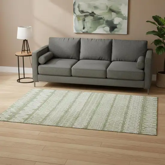 Artichoke Green And Ivory Ikat Washable Area Rug With UV Protection Photo 2