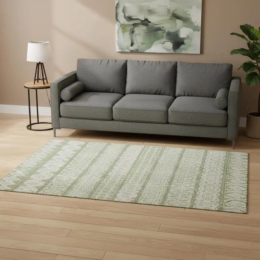 Artichoke Green And Ivory Ikat Washable Area Rug With UV Protection Photo 2