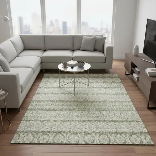 Artichoke Green And Ivory Ikat Washable Area Rug With UV Protection Photo 2