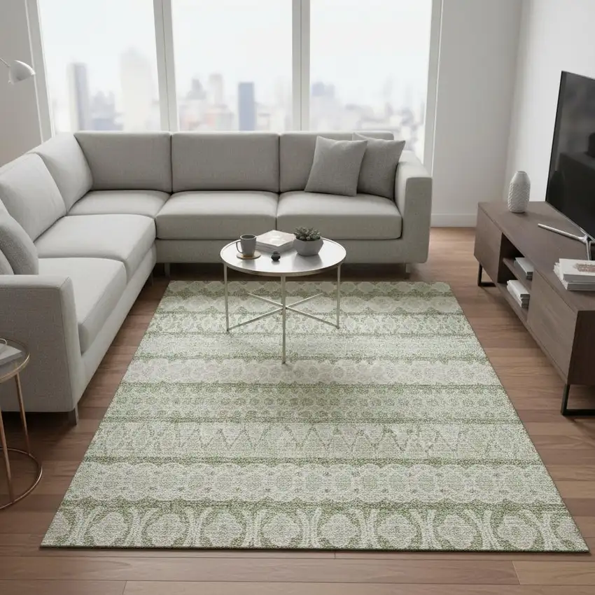 Artichoke Green And Ivory Ikat Washable Area Rug With UV Protection Photo 2