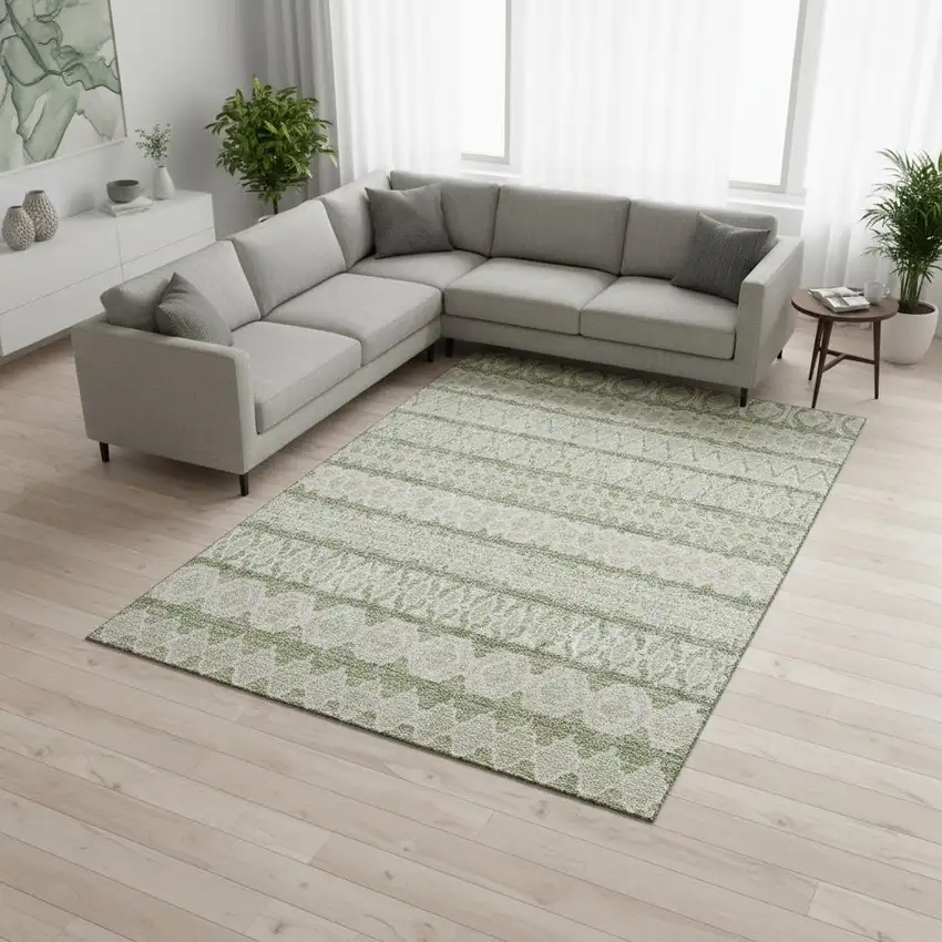 Artichoke Green And Ivory Ikat Washable Area Rug With UV Protection Photo 2