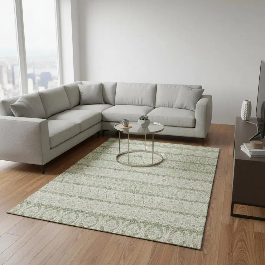 Artichoke Green And Ivory Ikat Washable Area Rug With UV Protection Photo 2