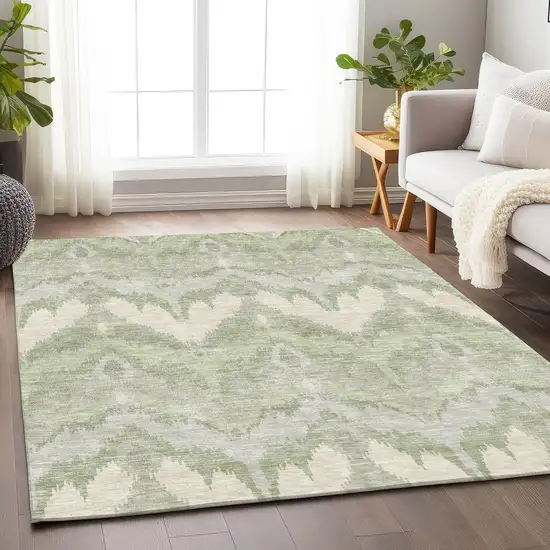 Artichoke Green And Ivory Ikat Washable Area Rug With UV Protection Photo 5