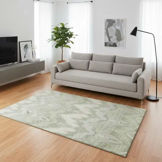 Artichoke Green And Ivory Ikat Washable Area Rug With UV Protection Photo 2