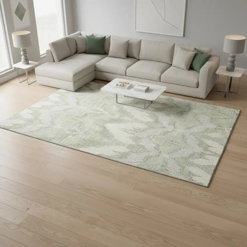 Artichoke Green And Ivory Ikat Washable Area Rug With UV Protection Photo 2