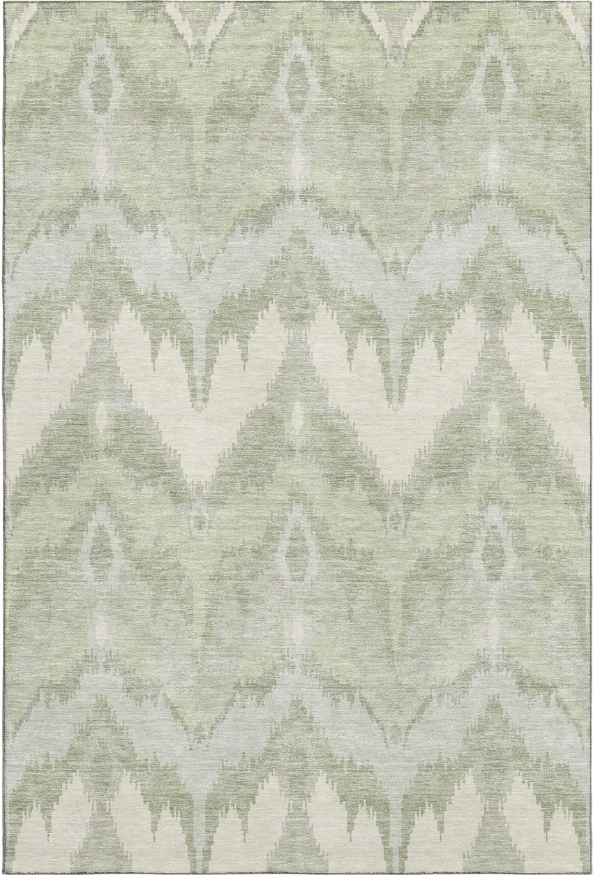 Artichoke Green And Ivory Ikat Washable Area Rug With UV Protection Photo 1