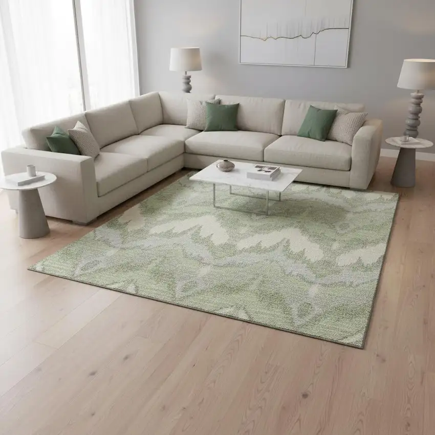 Artichoke Green And Ivory Ikat Washable Area Rug With UV Protection Photo 2