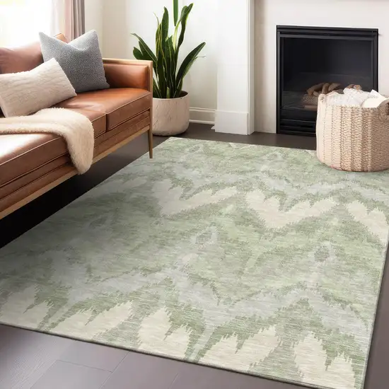 Artichoke Green And Ivory Ikat Washable Area Rug With UV Protection Photo 6