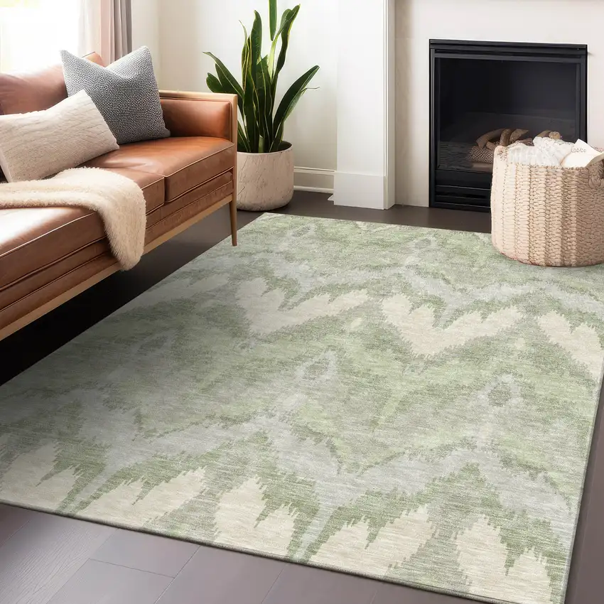 Artichoke Green And Ivory Ikat Washable Area Rug With UV Protection Photo 6