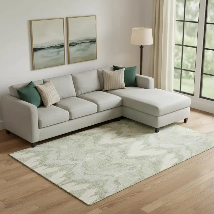 Artichoke Green And Ivory Ikat Washable Area Rug With UV Protection Photo 1