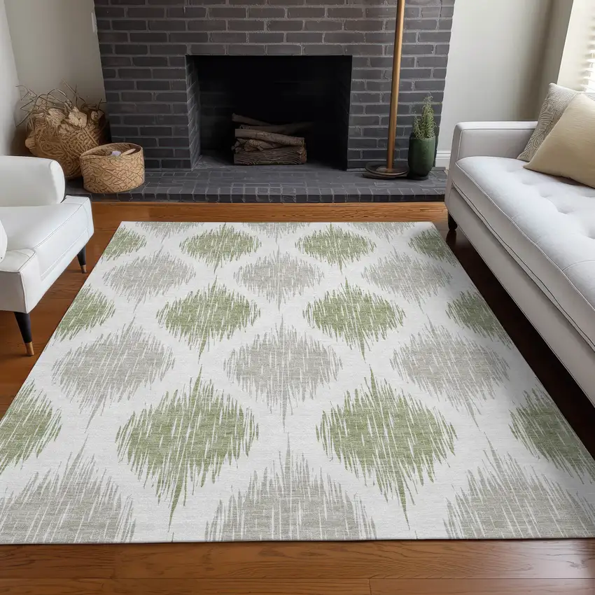 Artichoke Green And Ivory Ikat Washable Area Rug With UV Protection Photo 5