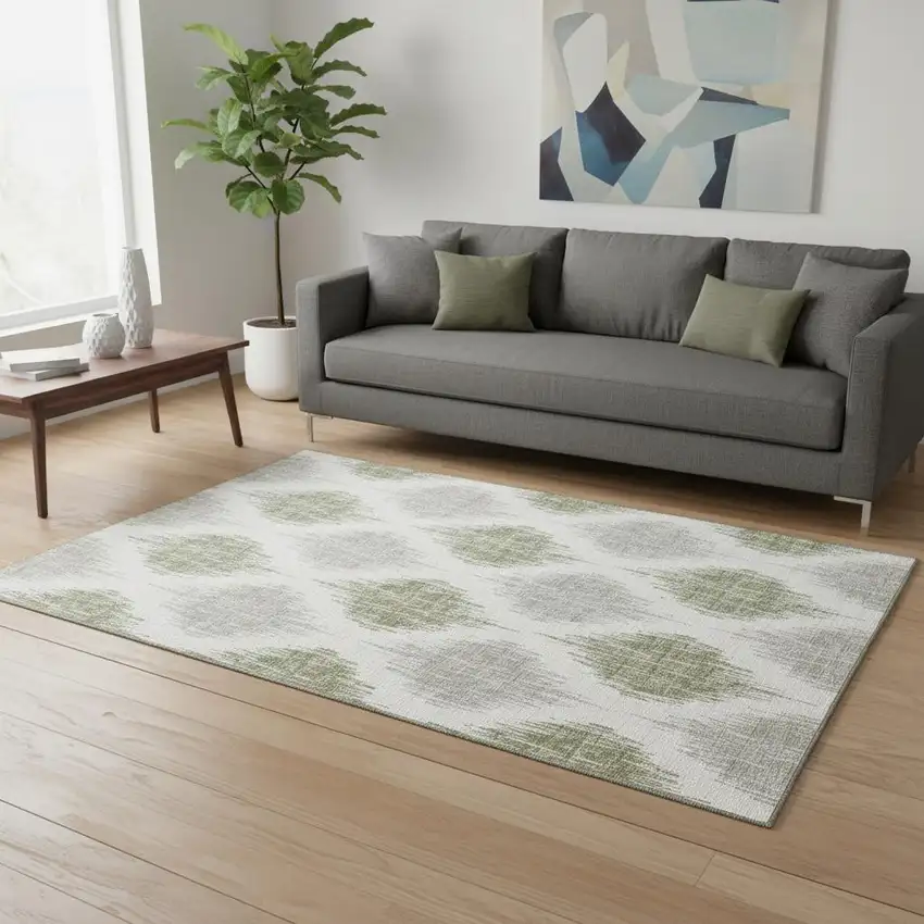 Artichoke Green And Ivory Ikat Washable Area Rug With UV Protection Photo 2