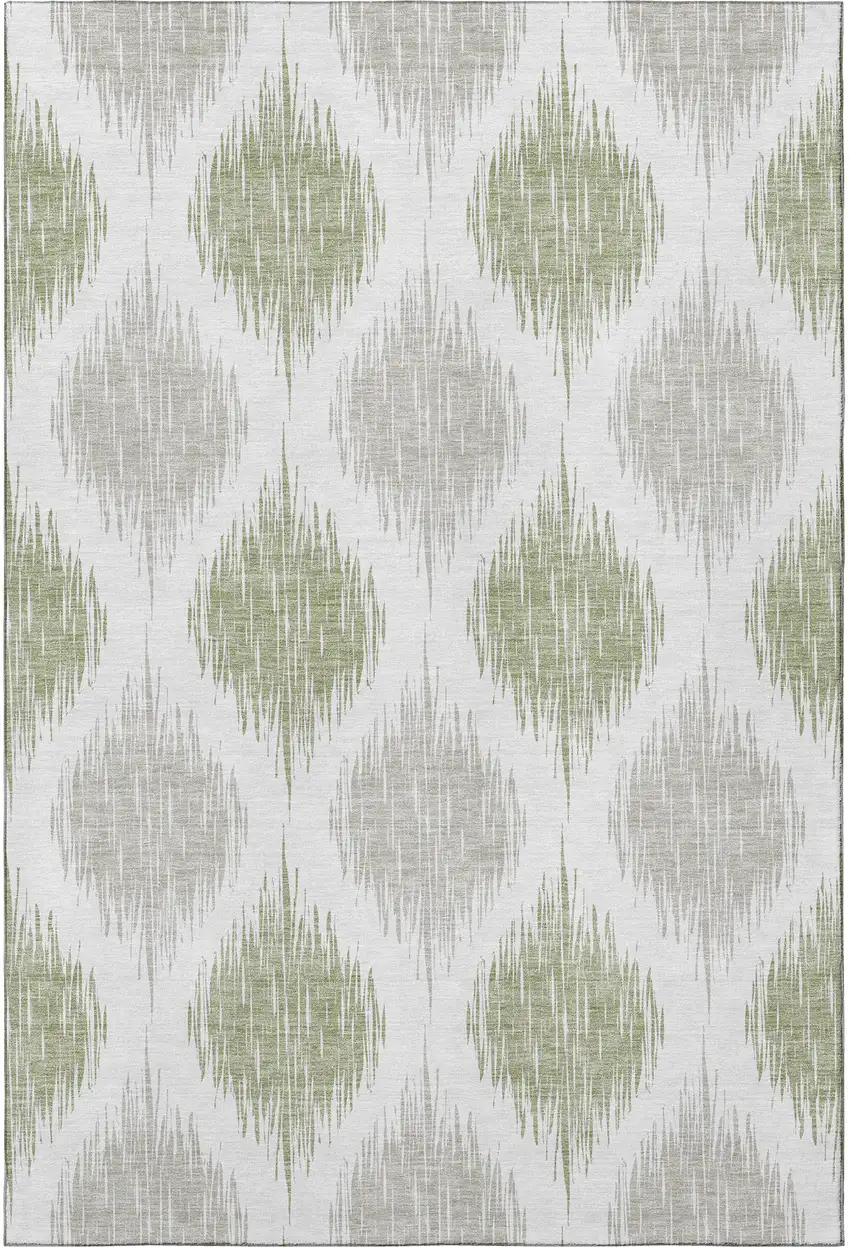 Artichoke Green And Ivory Ikat Washable Area Rug With UV Protection Photo 4