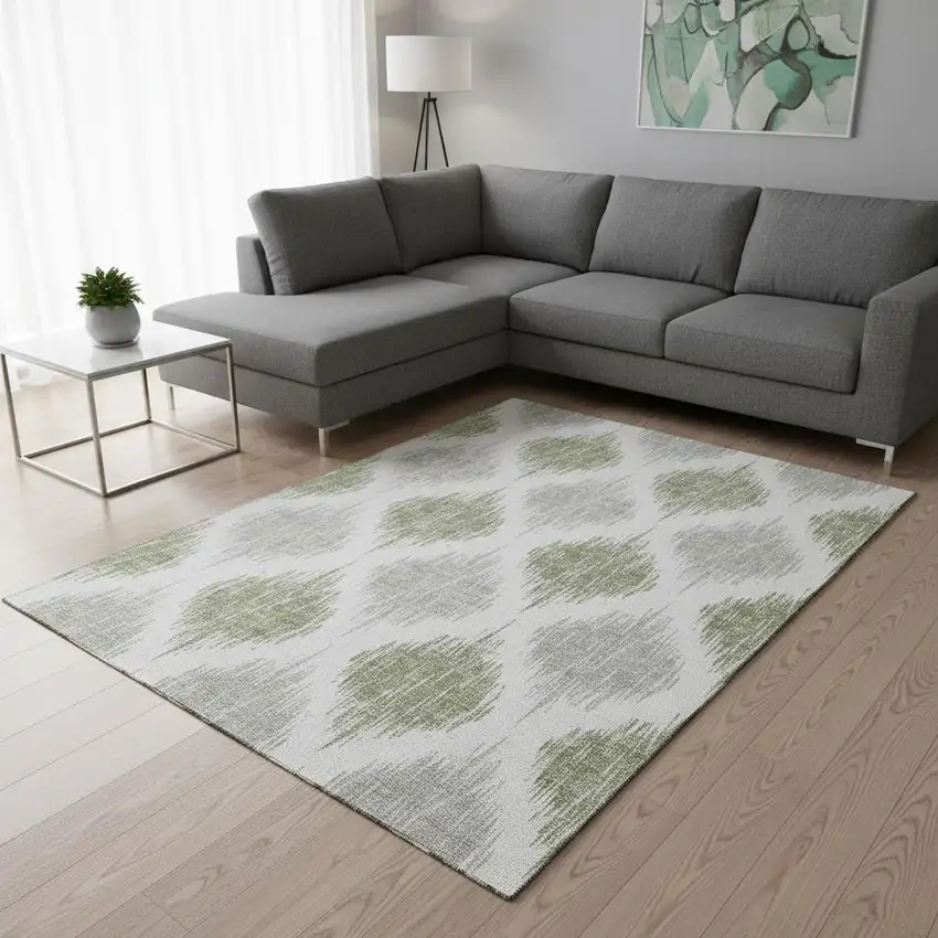 Artichoke Green And Ivory Ikat Washable Area Rug With UV Protection Photo 2