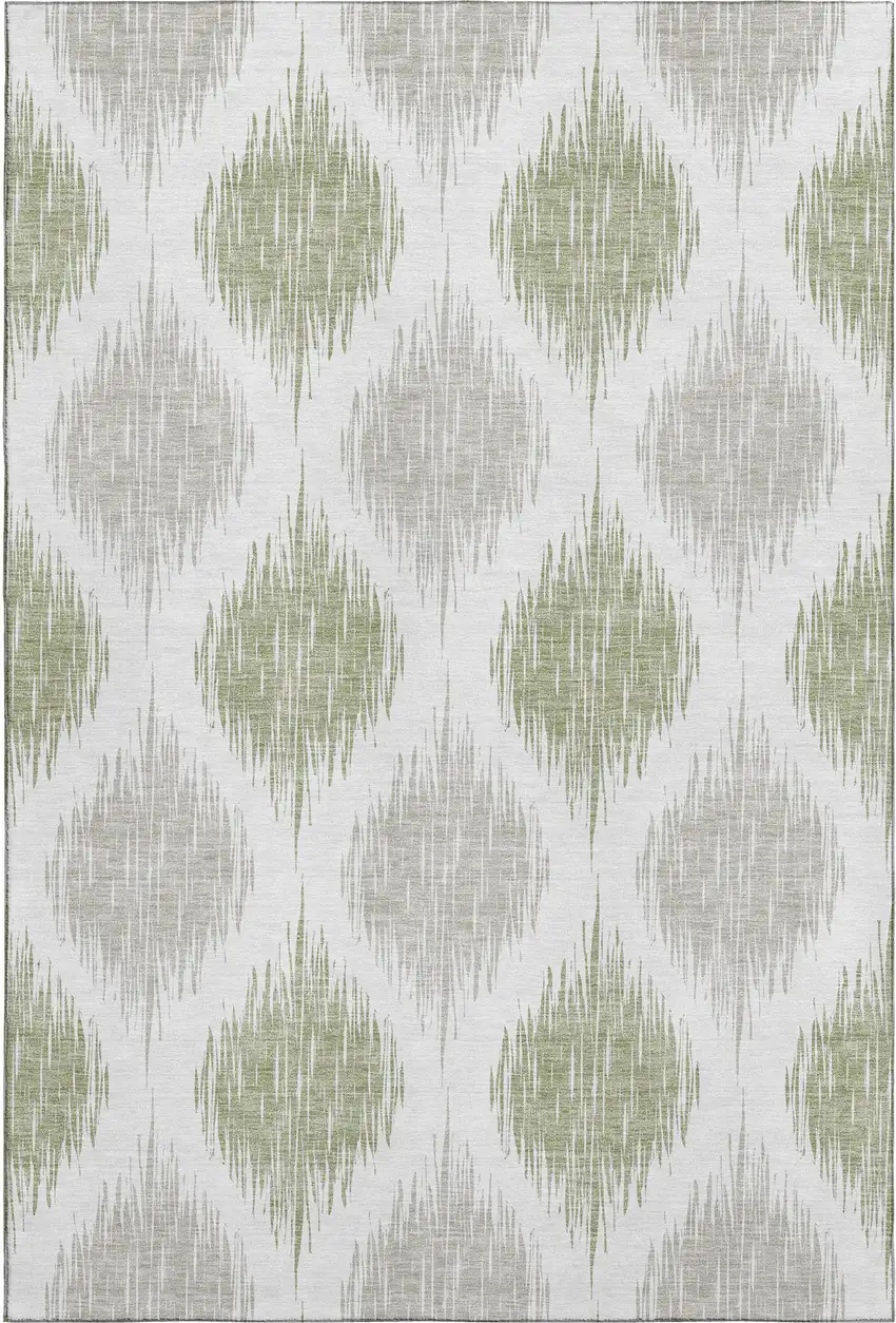 Artichoke Green And Ivory Ikat Washable Area Rug With UV Protection Photo 1