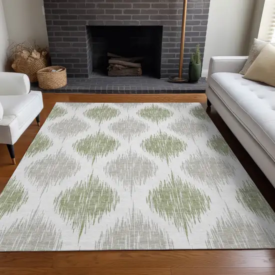 Artichoke Green And Ivory Ikat Washable Area Rug With UV Protection Photo 5