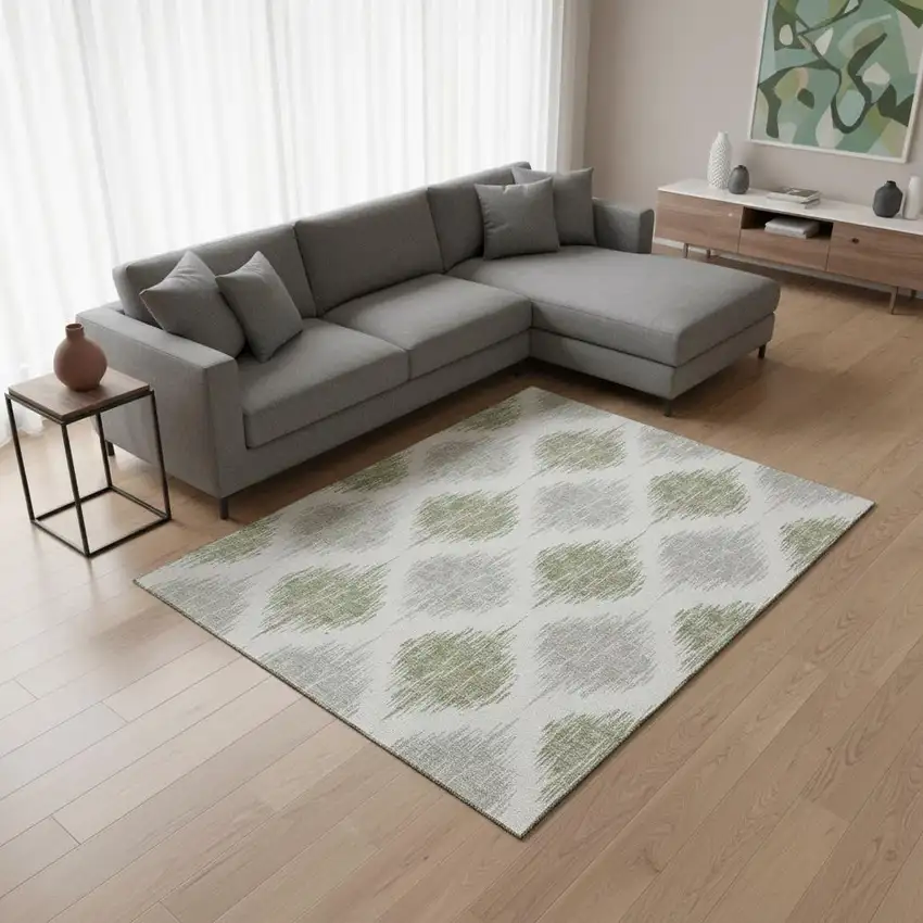 Artichoke Green And Ivory Ikat Washable Area Rug With UV Protection Photo 2