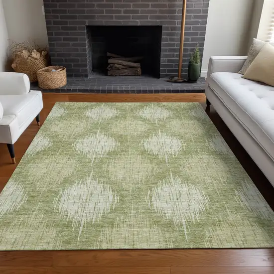 Artichoke Green And Ivory Ikat Washable Area Rug With UV Protection Photo 5