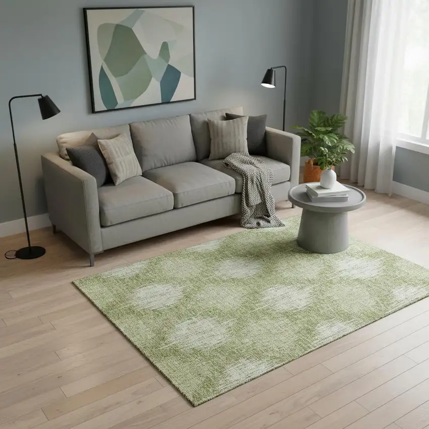 Artichoke Green And Ivory Ikat Washable Area Rug With UV Protection Photo 2