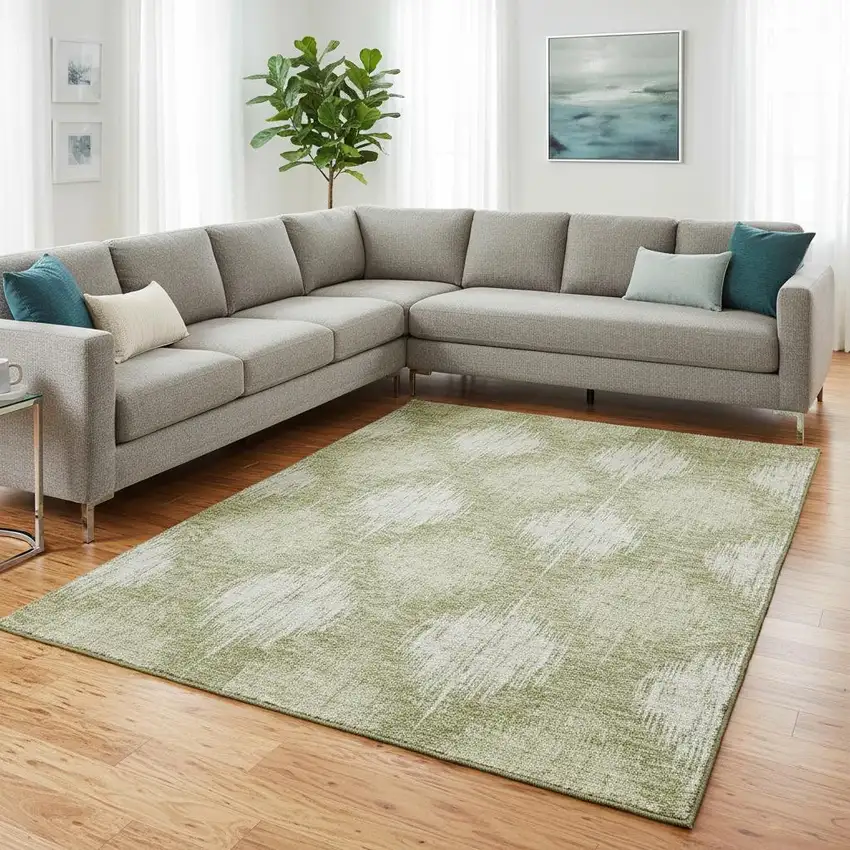 Artichoke Green And Ivory Ikat Washable Area Rug With UV Protection Photo 2