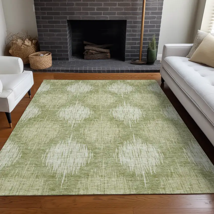 Artichoke Green And Ivory Ikat Washable Area Rug With UV Protection Photo 5