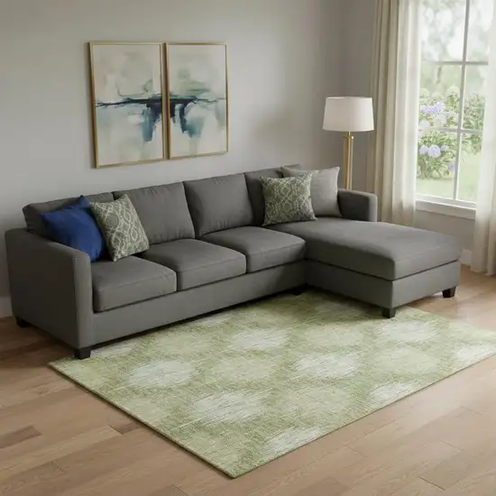 Artichoke Green And Ivory Ikat Washable Area Rug With UV Protection Photo 1